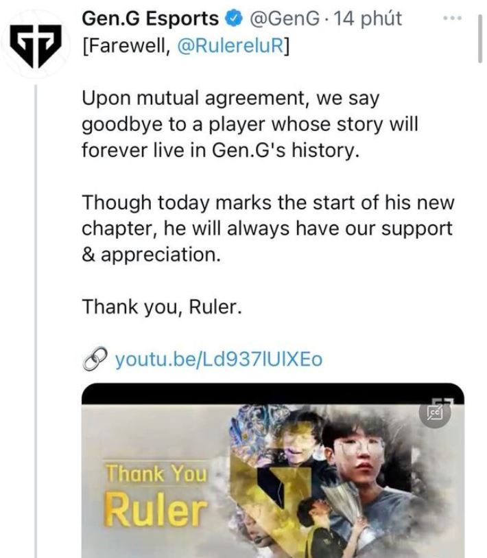Gen.G Esports đăng tải video thông báo tạm biệt Ruler