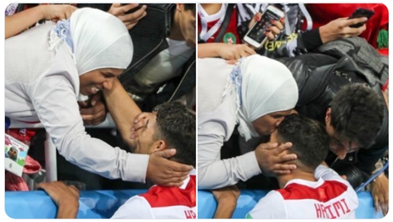 Hình ảnh bà Saida Mou ôm con trai chúc mừng ghi lại tại World Cup 2018
