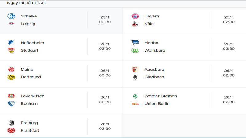Lịch thi đấu tổng hợp các trận đấu vòng 17 Bundesliga mới nhất hiện nay